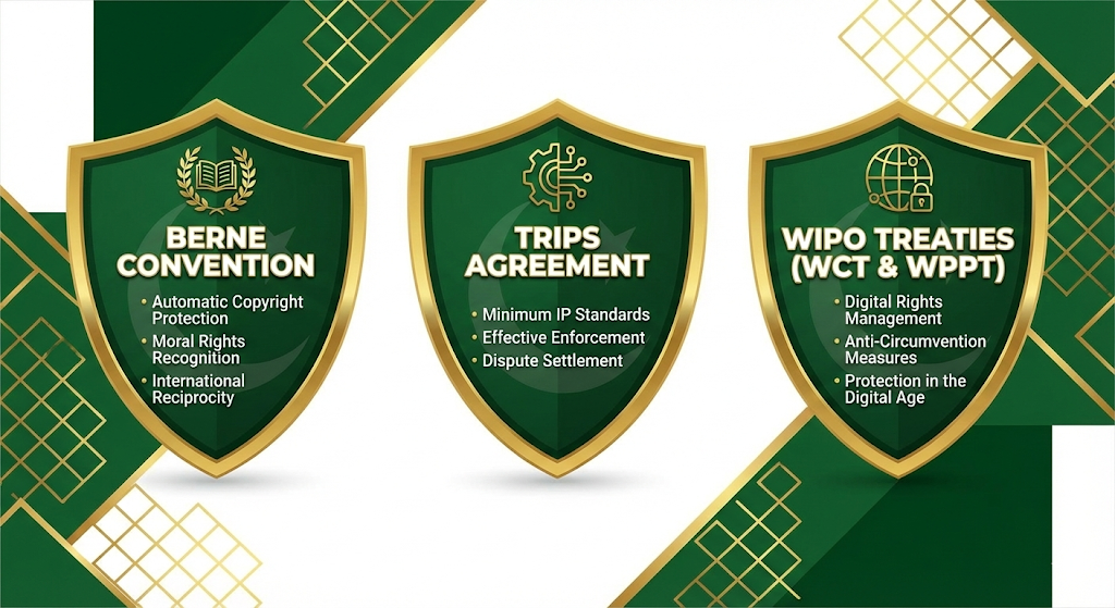 International Copyright Law for Pakistani Creators: Global Protection Explained 2 hree shield icons representing the three treaties (Berne, TRIPS, WIPO).