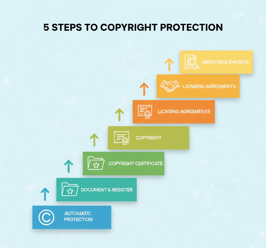 International Copyright Law for Pakistani Creators: Global Protection Explained 3 A simple 5-step staircase diagram. Each step shows one protection method with a small icon
