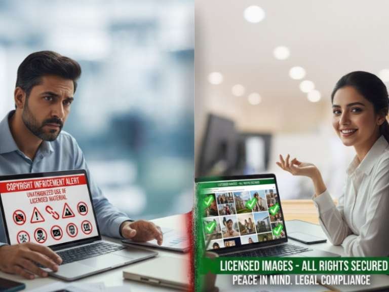 Comparison showing Image Copyright Law in Pakistan and infringement consequences versus proper licensed image usage for Pakistani businesses and content creators