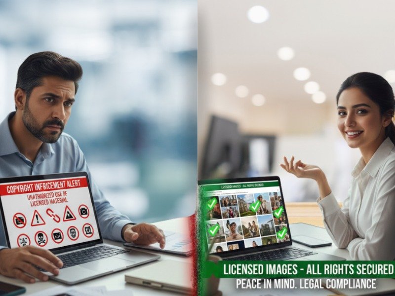 Comparison showing Image Copyright Law in Pakistan and infringement consequences versus proper licensed image usage for Pakistani businesses and content creators