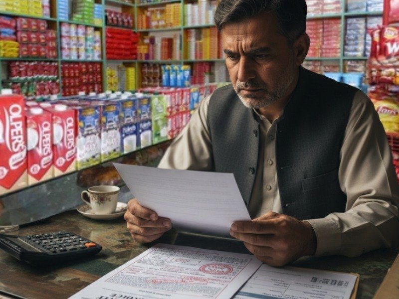 Pakistani small business owner reviewing copyright violation settlement notice showing the financial impact of image infringement