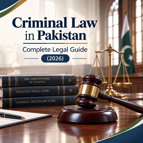 A wooden judge's gavel on a sound block placed on a polished wooden desk. Behind it are 3 law books stacked: "The Constitution of Pakistan", "Pakistan Penal Code", and "Criminal Procedure Code". A golden scale of justice and the Pakistan flag are in the background of a courtroom. Text overlay reads "Criminal Law in Pakistan - Complete Legal Guide (2026)".
