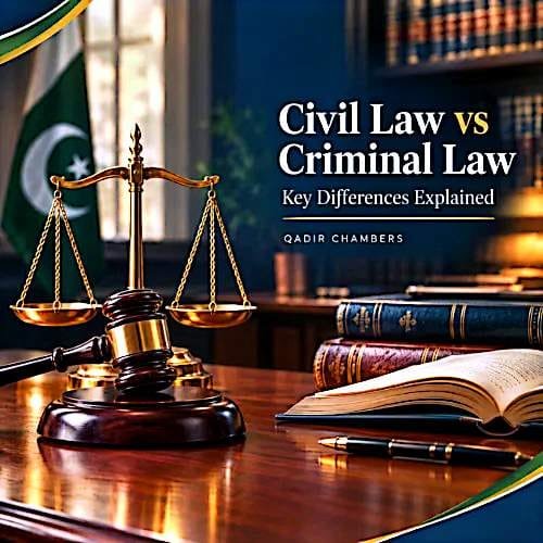 Alt text: Cover graphic titled "Civil Law vs Criminal Law - Key Differences Explained" by Qadir Chambers. Foreground shows a polished wooden desk with a brass scales of justice, a wooden judge's gavel on its stand, a stack of hardbound law books with an open book on top, and a pen. In the blurred background, a Pakistan flag is visible on the left and a bookshelf full of books on the right.