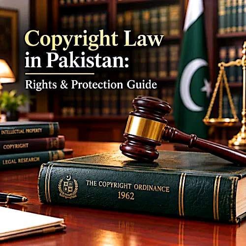 Gavel resting on The Copyright Ordinance 1962 book with Pakistan flag and legal books in background about copyright law in Pakistan