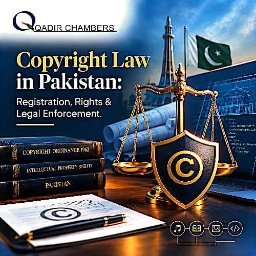 Professional banner image by Qadir Chambers titled "Copyright Law in Pakistan: Registration, Rights & Legal Enforcement." Visual shows scales of justice with copyright shield, law books labeled Copyright Ordinance 1962, Intellectual Property Rights Pakistan, Minar-e-Pakistan and Pakistan flag in background, blueprints, laptop with code, and copyright registration document on desk.