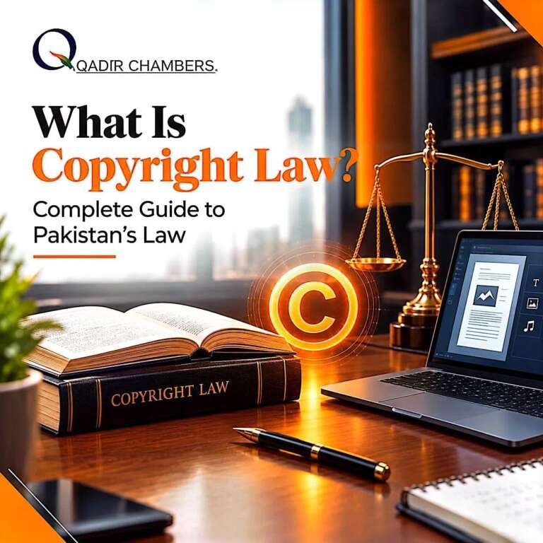 Cover image for What Is Copyright Law Complete Guide to Pakistan's Law by Qadir Chambers showing copyright law book, glowing copyright symbol, scales of justice, and laptop on lawyer's desk in law office.