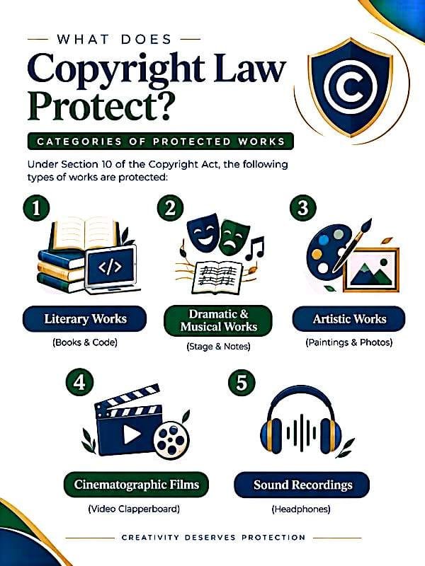 Infographic explaining What Does Copyright Law Protect - Categories of Protected Works Under Section 10 of Copyright Act showing Literary Works Books & Code, Dramatic & Musical Works Stage & Notes, Artistic Works Paintings & Photos, Cinematographic Films Video Clapperboard, and Sound Recordings Headphones.