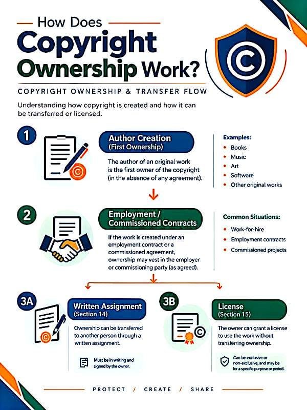 Infographic explaining How Does Copyright Ownership Work Copyright Ownership and Transfer Flow showing Author Creation First Ownership, Employment Commissioned Contracts, Written Assignment Section 14 and License Section 15.